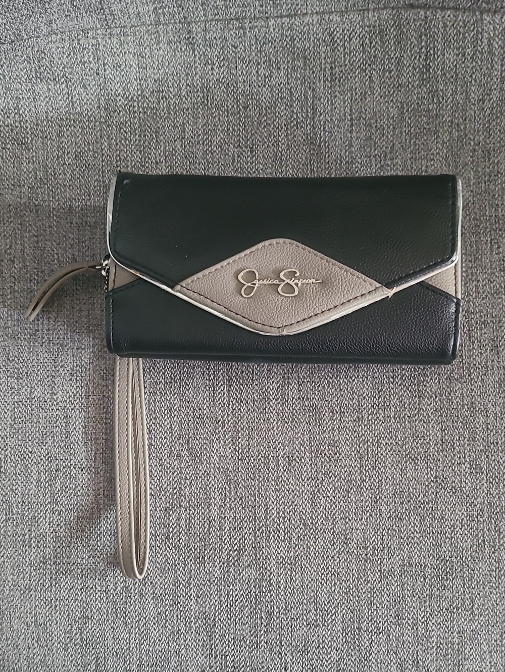Jessica Simpson Black and Taupe Envelope Wristlet with Silver-Tone Logo
